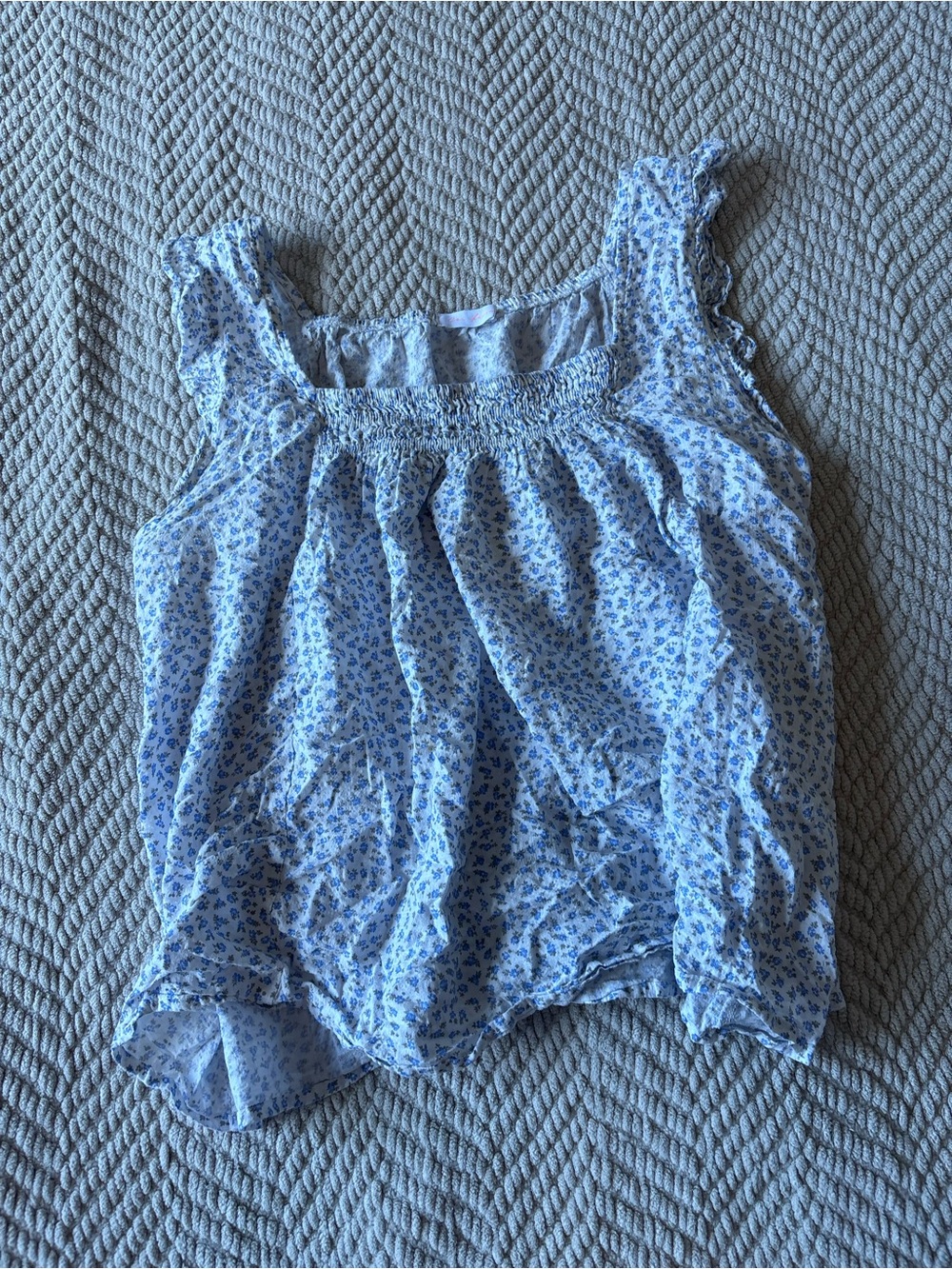 Ces Femme Blue Floral Smocked Ruffle Tank Top